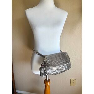 Elliott Lucca Woven Leather Crossbody Belt Bag Silver Metallic Tassel